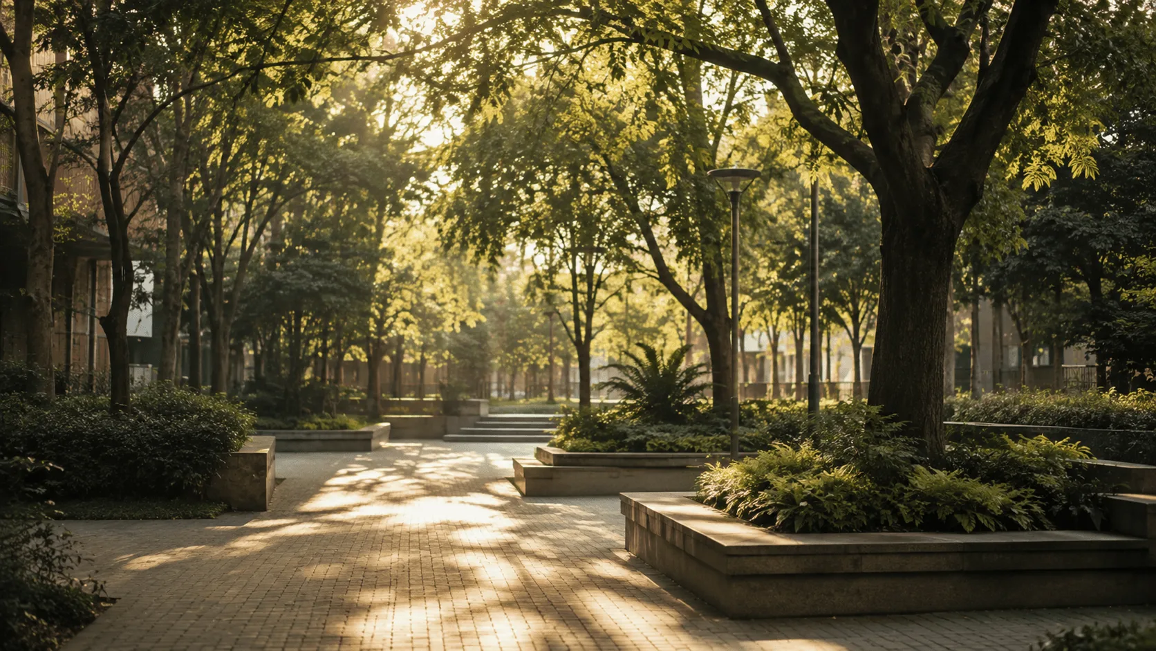 Caminho de pedra entre árvores em uma praça arborizada, iluminado pela luz dourada do sol