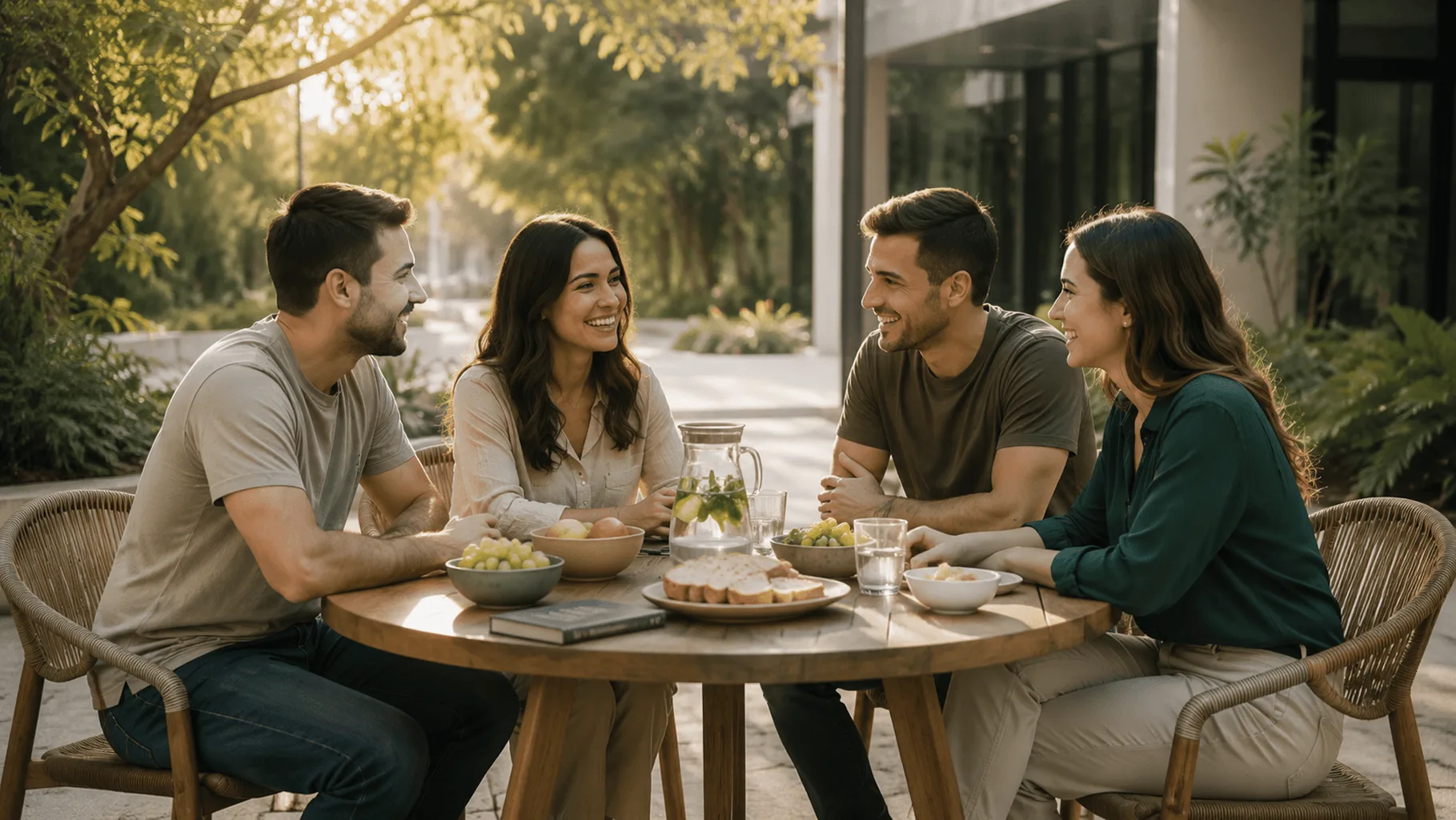 Quatro amigos conversam e sorriem ao redor de uma mesa ao ar livre, com frutas, pão e água, sob luz natural de fim de tarde