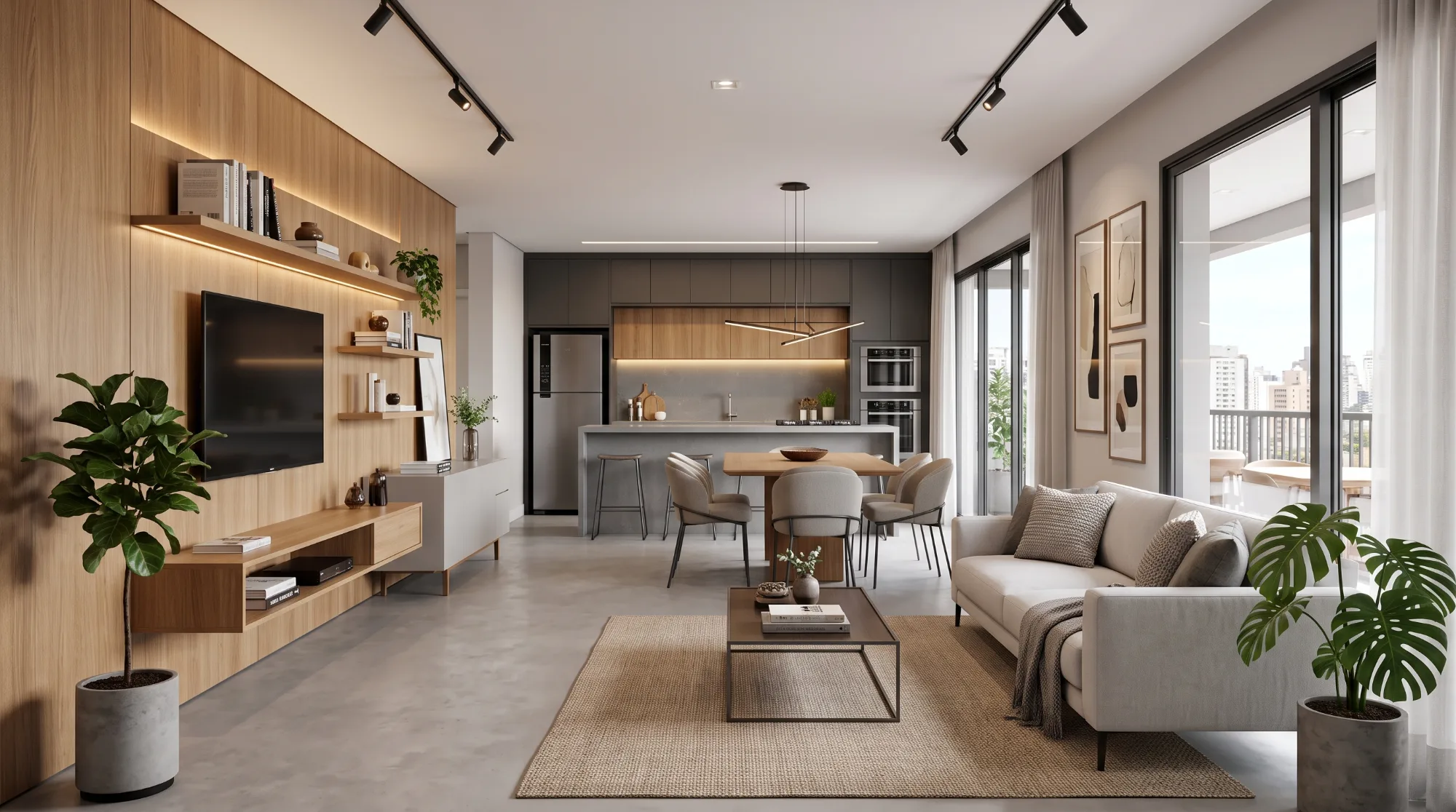 Studio compacto com cama, painéis de madeira, pendentes e mesa redonda integrados